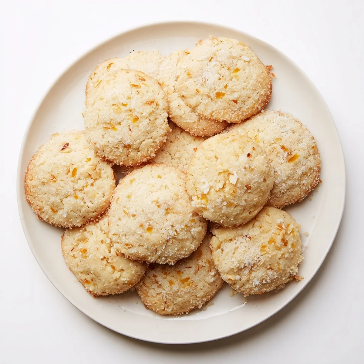 Freshly baked Passionfruit Coconut Sugar Cookies with golden edges and shredded coconut flakes on a cooling rack.