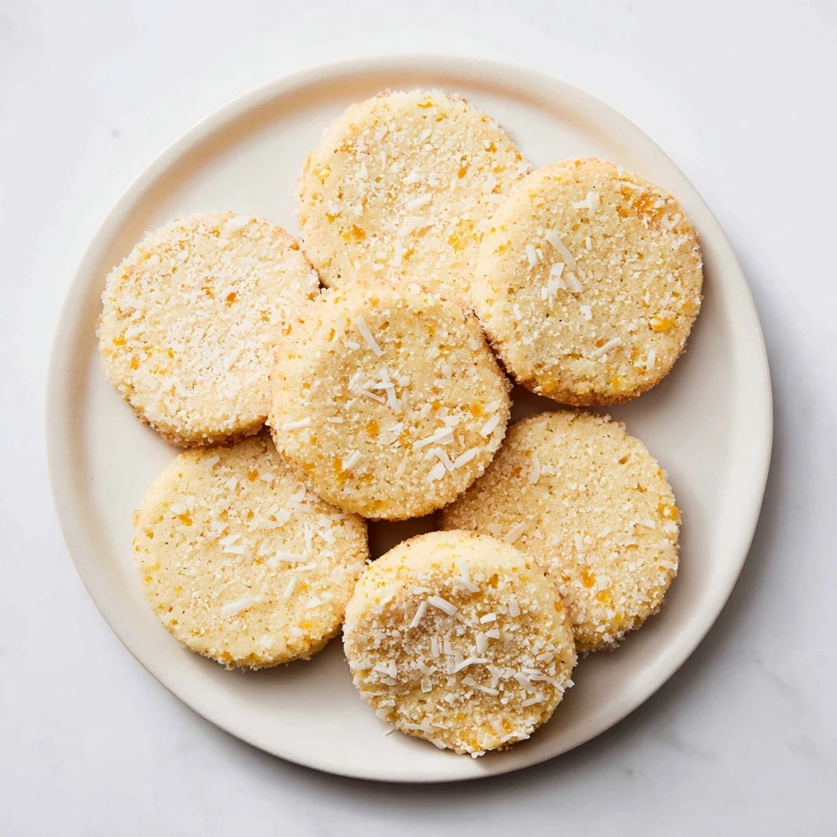 Passionfruit Coconut Sugar Cookies rolled in granulated sugar, displayed on parchment after baking with a tropical aroma.