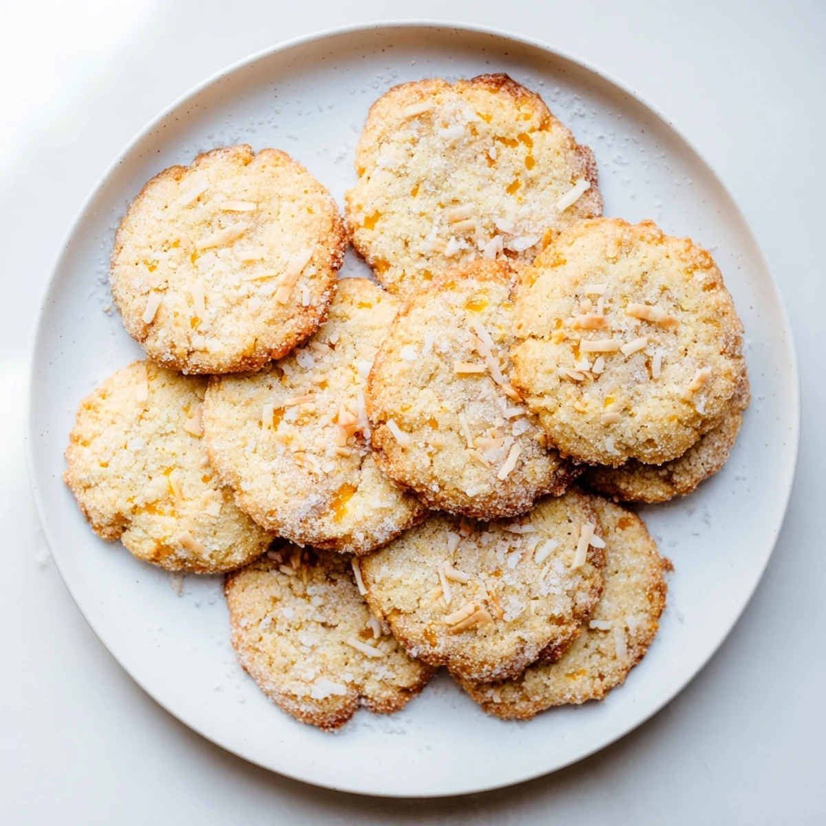 Soft and chewy Passionfruit Coconut Sugar Cookies beside passionfruit pulp and shredded coconut on a wooden counter.