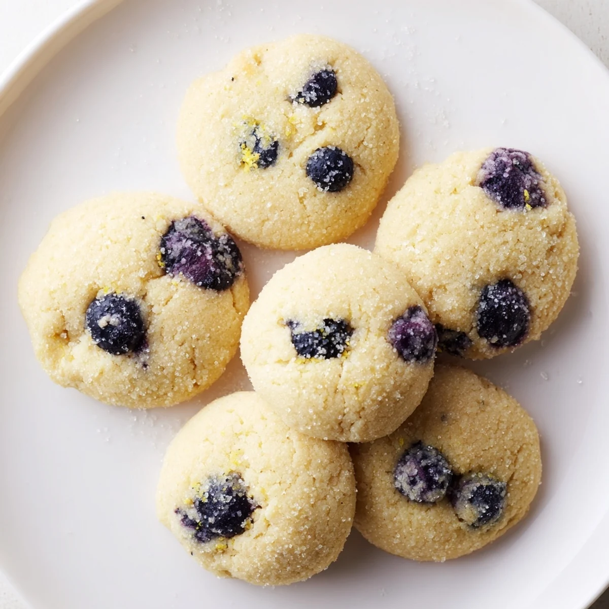 Close-up of Gluten-Free Lemon Blueberry Sugar Cookies on a white plate, showcasing soft, chewy texture with visible lemon zest specks and plump blueberries.