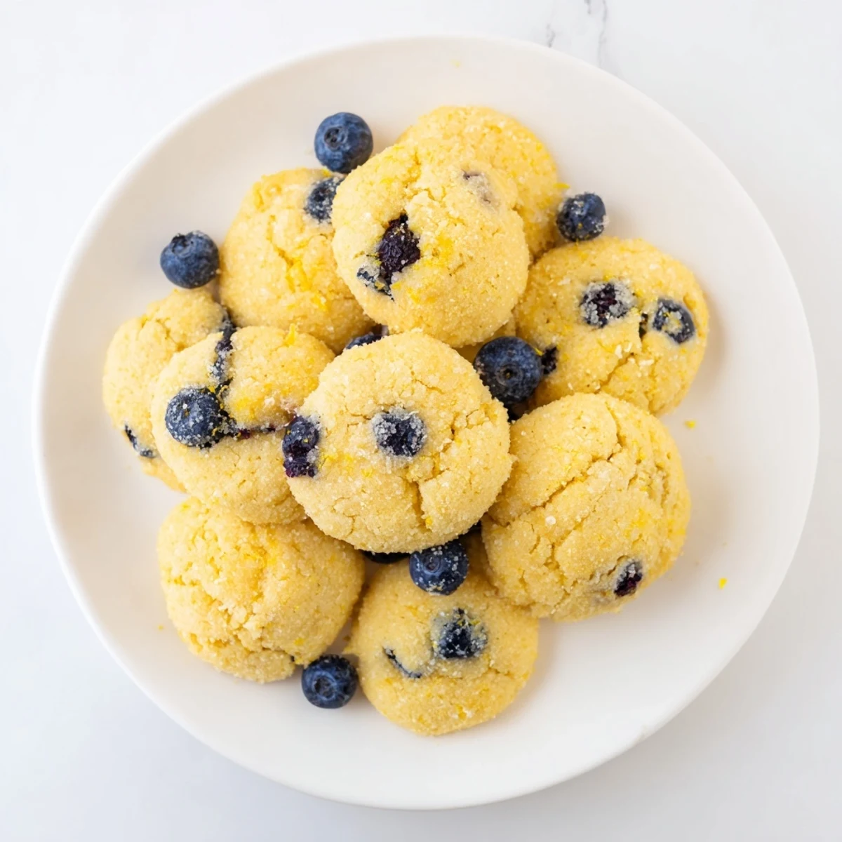 Gluten-Free Lemon Blueberry Sugar Cookies recipe baked to golden edges, with a sprinkle of sugar and a glass of cold milk for serving.