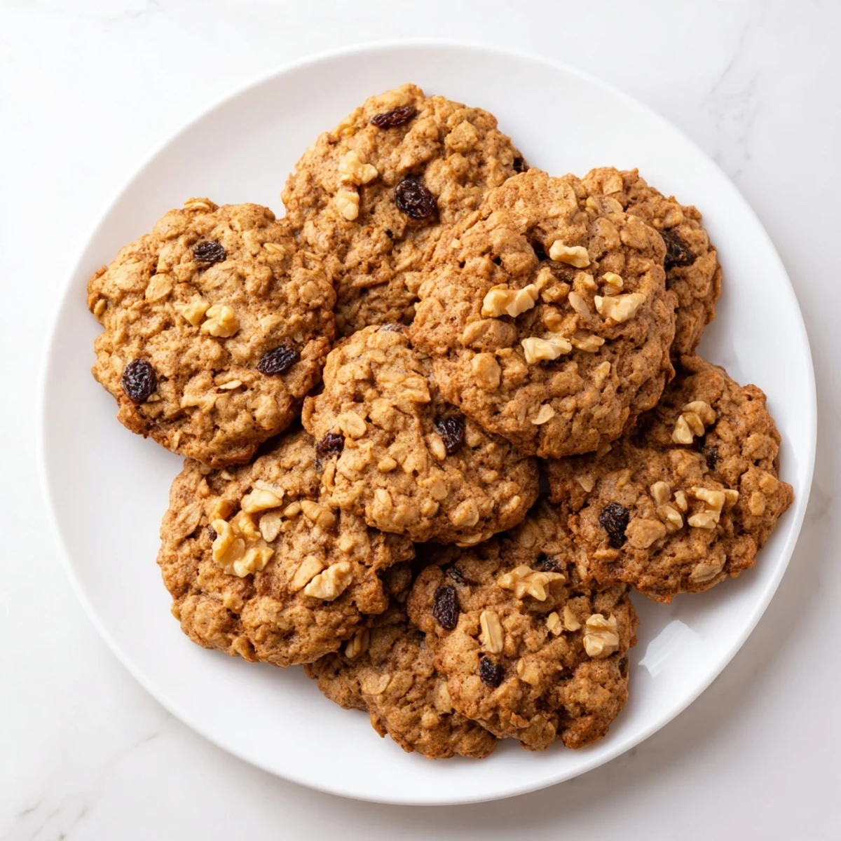 A close-up of Pumpkin Spice Oatmeal Raisin Cookies on a rustic wooden board with a warm autumn vibe.