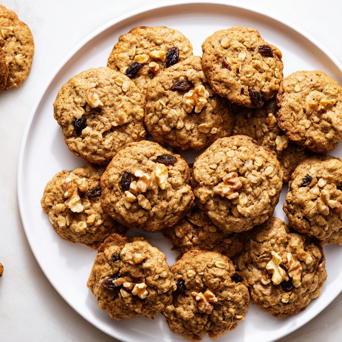 Stack of soft Pumpkin Spice Oatmeal Raisin Cookies dusted with cinnamon, served beside a steaming mug of coffee.