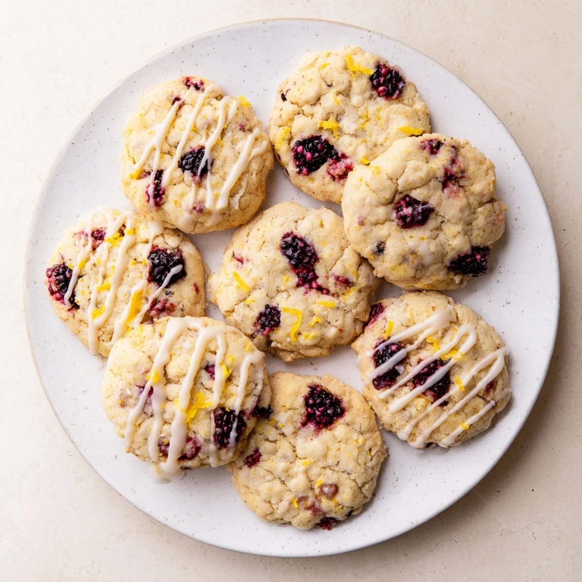 A close-up view of Vegan Blackberry Lemonade Cookies showing tender crumb and vibrant berry swirls ready to serve.