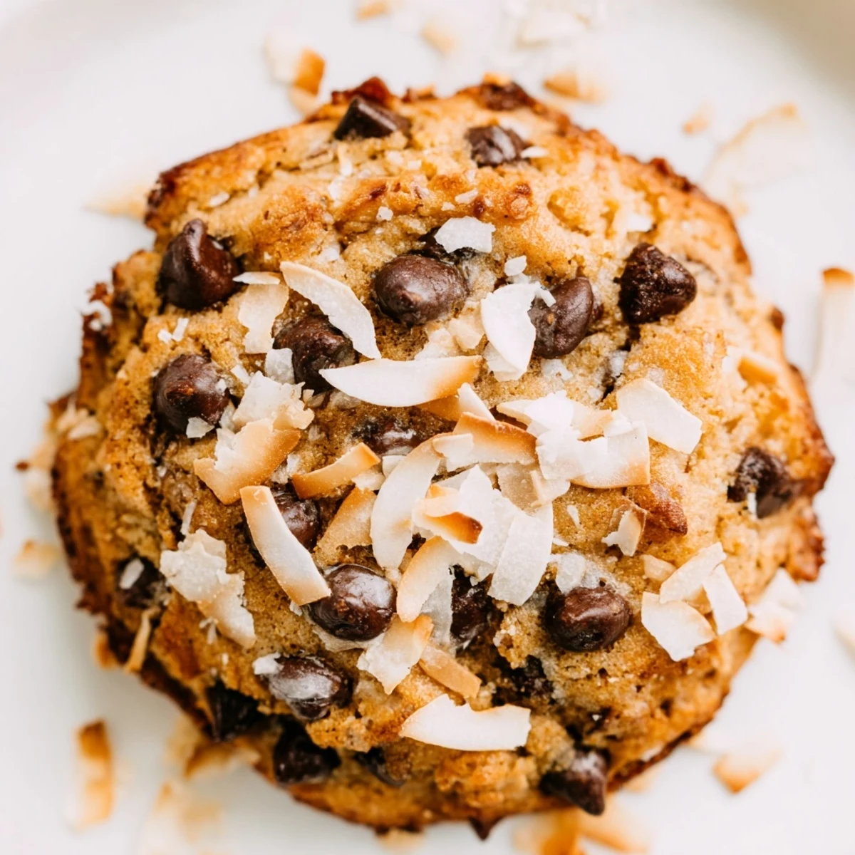 Golden-brown Keto Toasted Coconut Chocolate Chip Cookies sit on a wire rack, featuring crispy edges and chewy centers topped with extra toasted coconut flakes.
