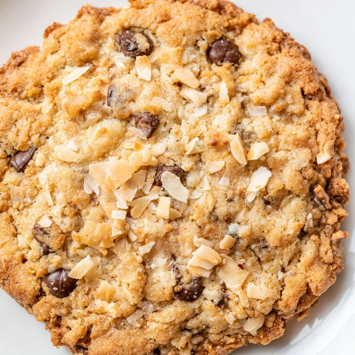 Close-up shot of Keto Toasted Coconut Chocolate Chip Cookies with sugar-free chocolate chips melting into a golden, keto-friendly dough.