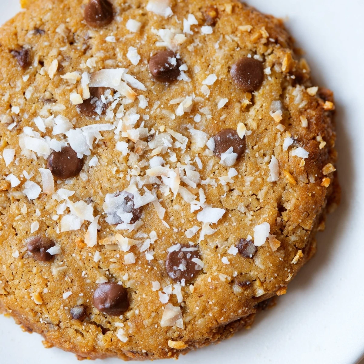 A plate of freshly baked Keto Toasted Coconut Chocolate Chip Cookies served with a glass of unsweetened almond milk for dipping.