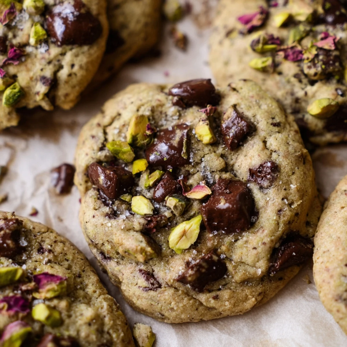 Freshly baked Vegan Pistachio Rose Chocolate Chip Cookies on a white plate, with edible rose petals scattered among the golden edges.