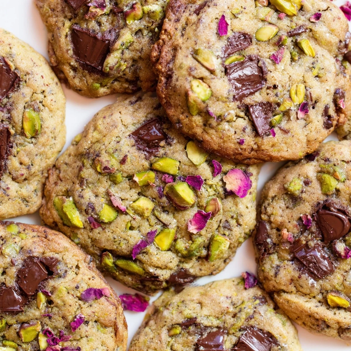 A close-up of Vegan Pistachio Rose Chocolate Chip Cookies on a cooling rack, showcasing gooey dark chocolate chips and chopped pistachios.