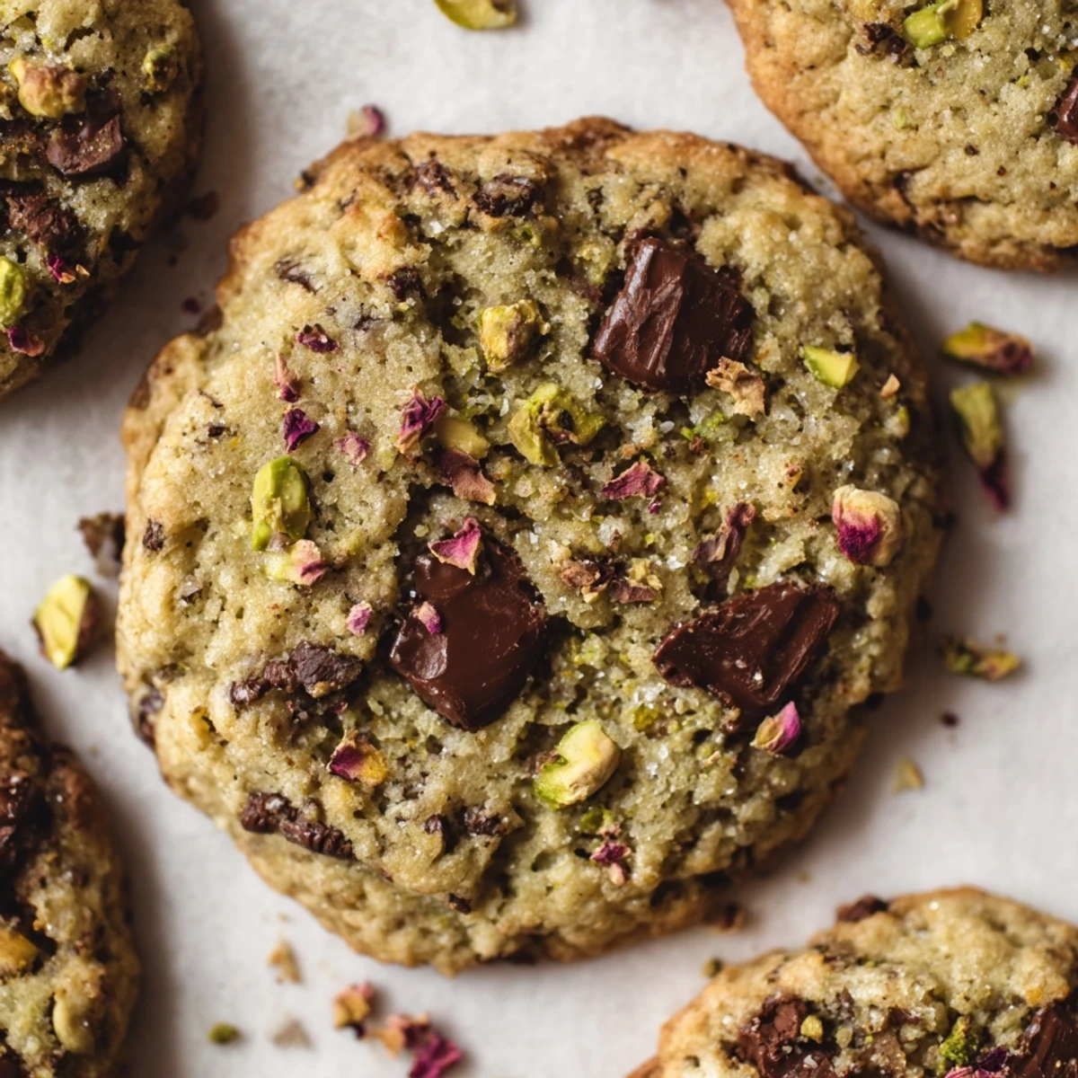 Overhead view of Vegan Pistachio Rose Chocolate Chip Cookies dough balls on a parchment-lined baking sheet, ready for the oven.