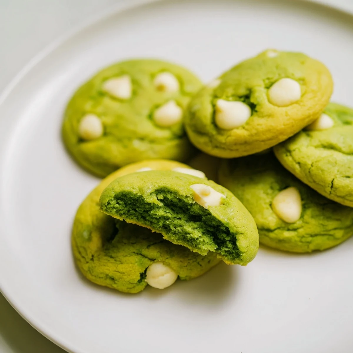Freshly baked Pandan White Chocolate Chip Cookies arranged on a cooling rack with soft, chewy centers.