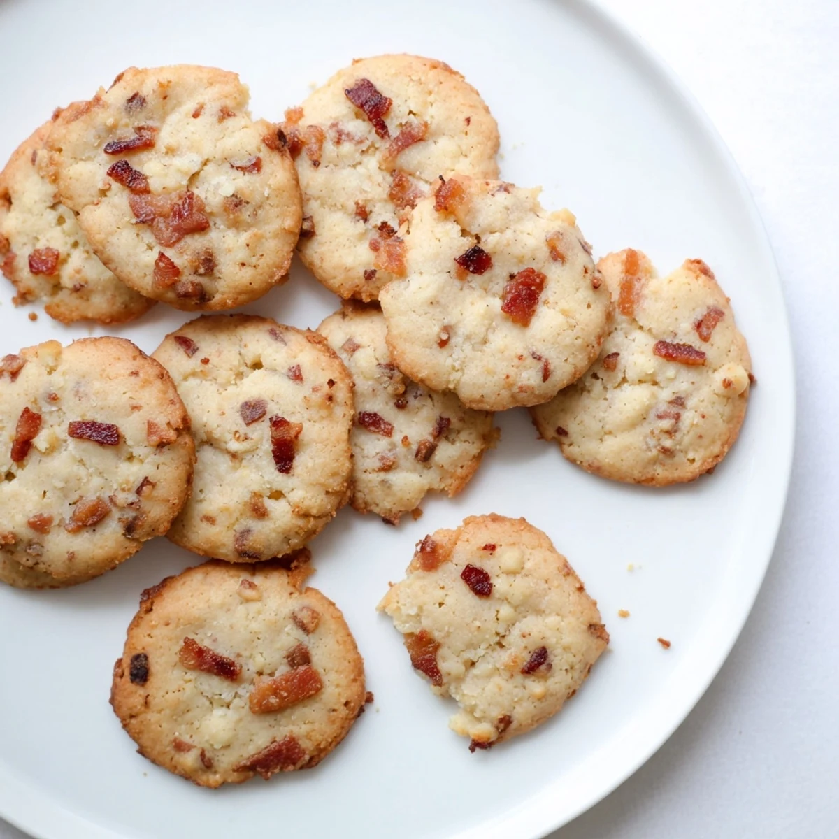A close-up photo of Keto Maple Bacon Cookies highlights the glistening sugar-free maple glaze and smoky bacon crumbles on top.