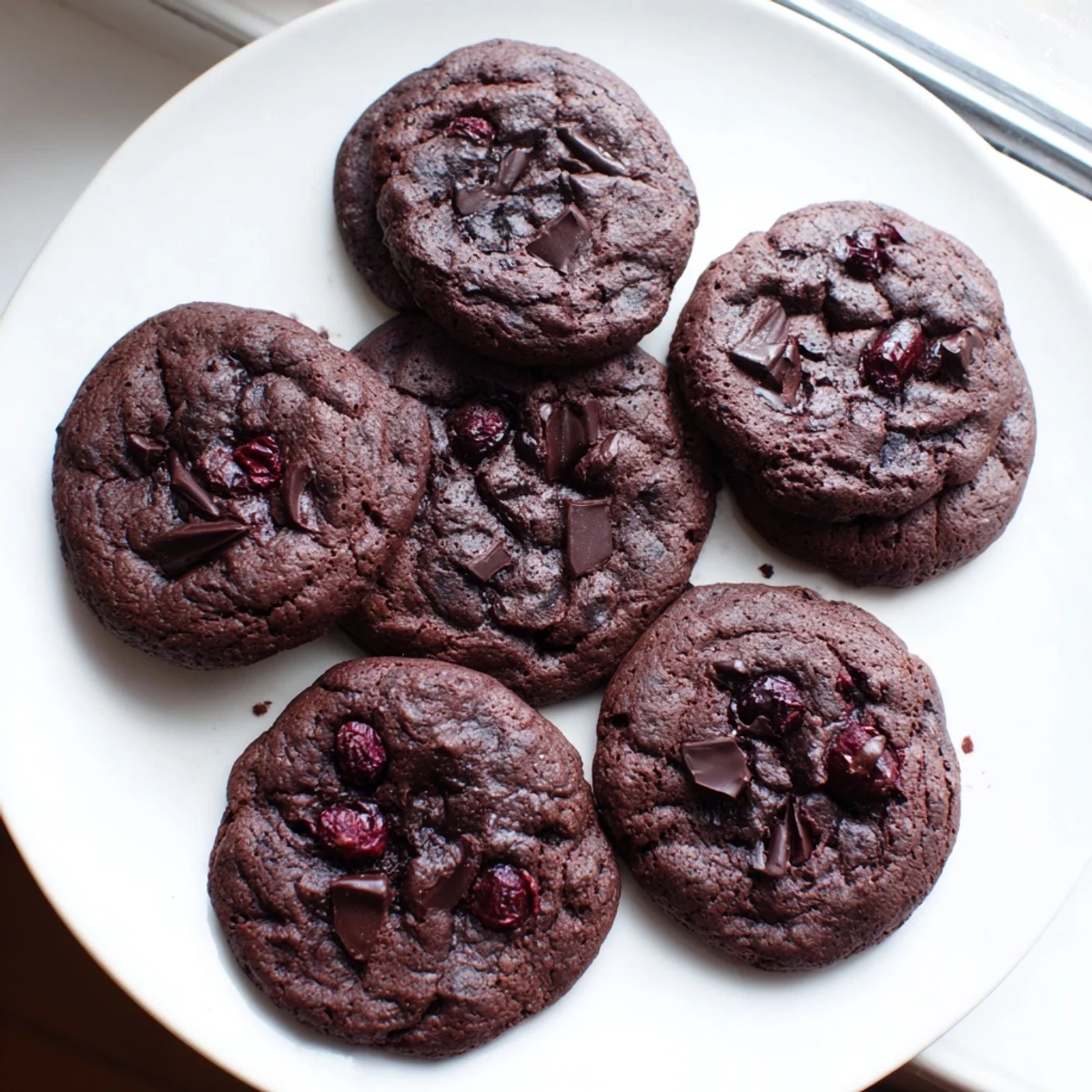 A plate of freshly baked Gluten-Free Dark Chocolate Cherry Cookies showing cracked tops and rich cocoa crumb, ready to enjoy.