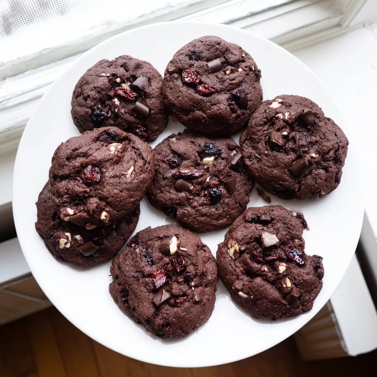 Close-up of Gluten-Free Dark Chocolate Cherry Cookies with melty dark chocolate chips and chewy tart cherries on a rustic wooden board.
