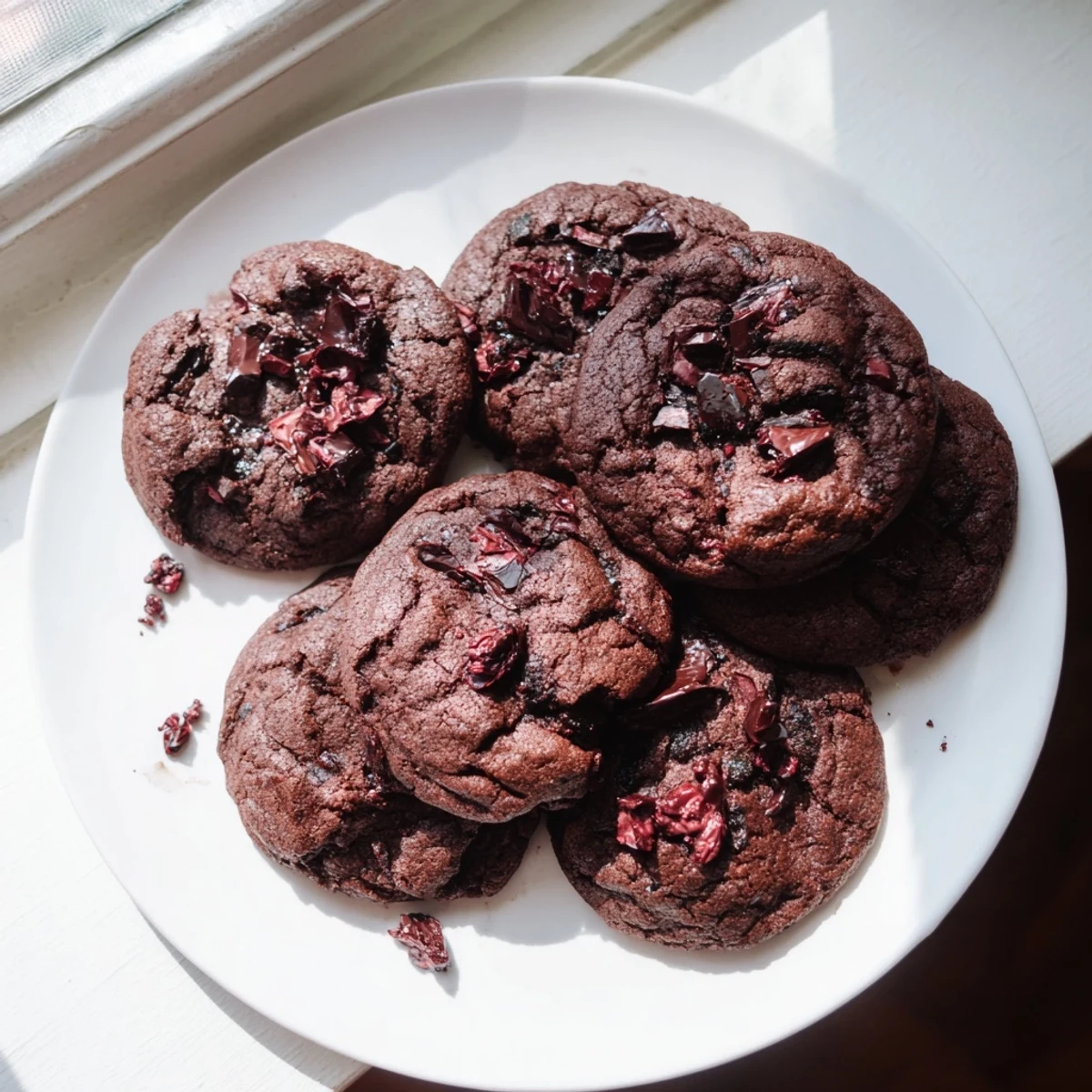 Stack of Gluten-Free Dark Chocolate Cherry Cookies with dried cherries and chocolate chunks, served with a cold glass of milk.