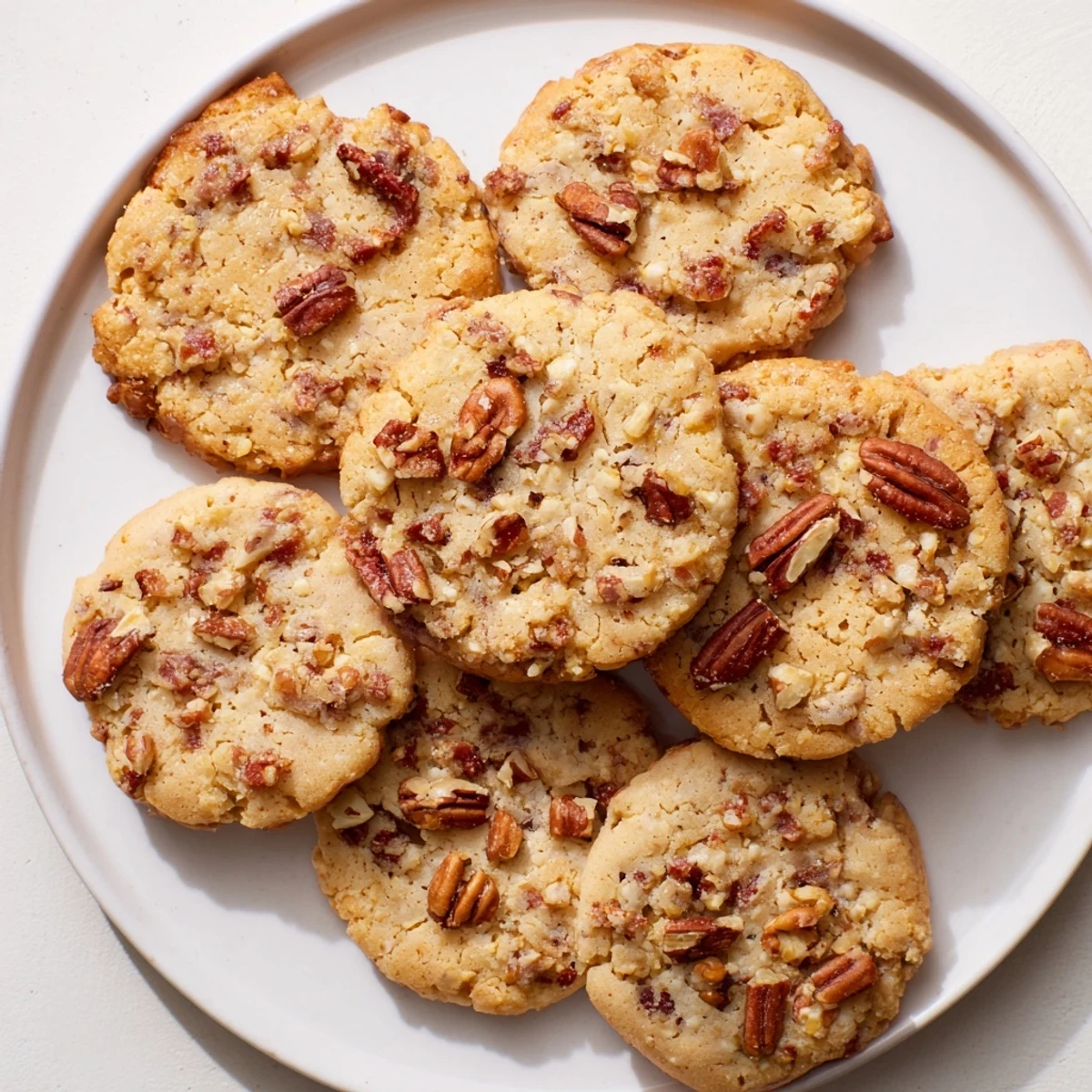 Freshly baked Keto Maple Bacon Cookies cooling on a wire rack, showcasing crispy bacon pieces and a golden edge.