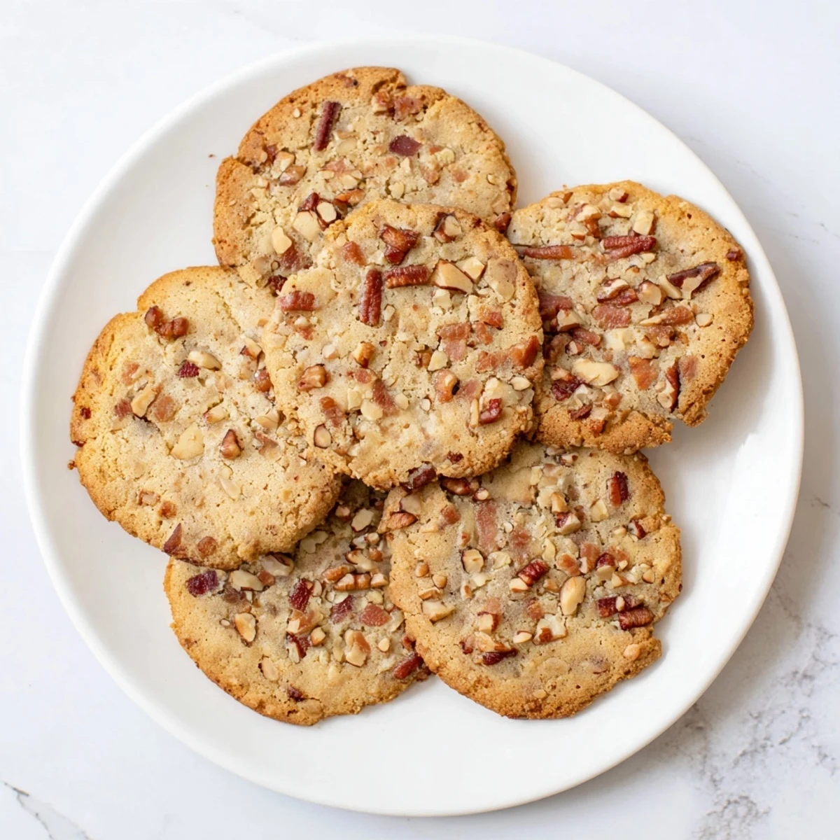 Close-up shot of Keto Maple Bacon Cookies, highlighting the chewy texture and chopped walnuts on a wooden serving board.