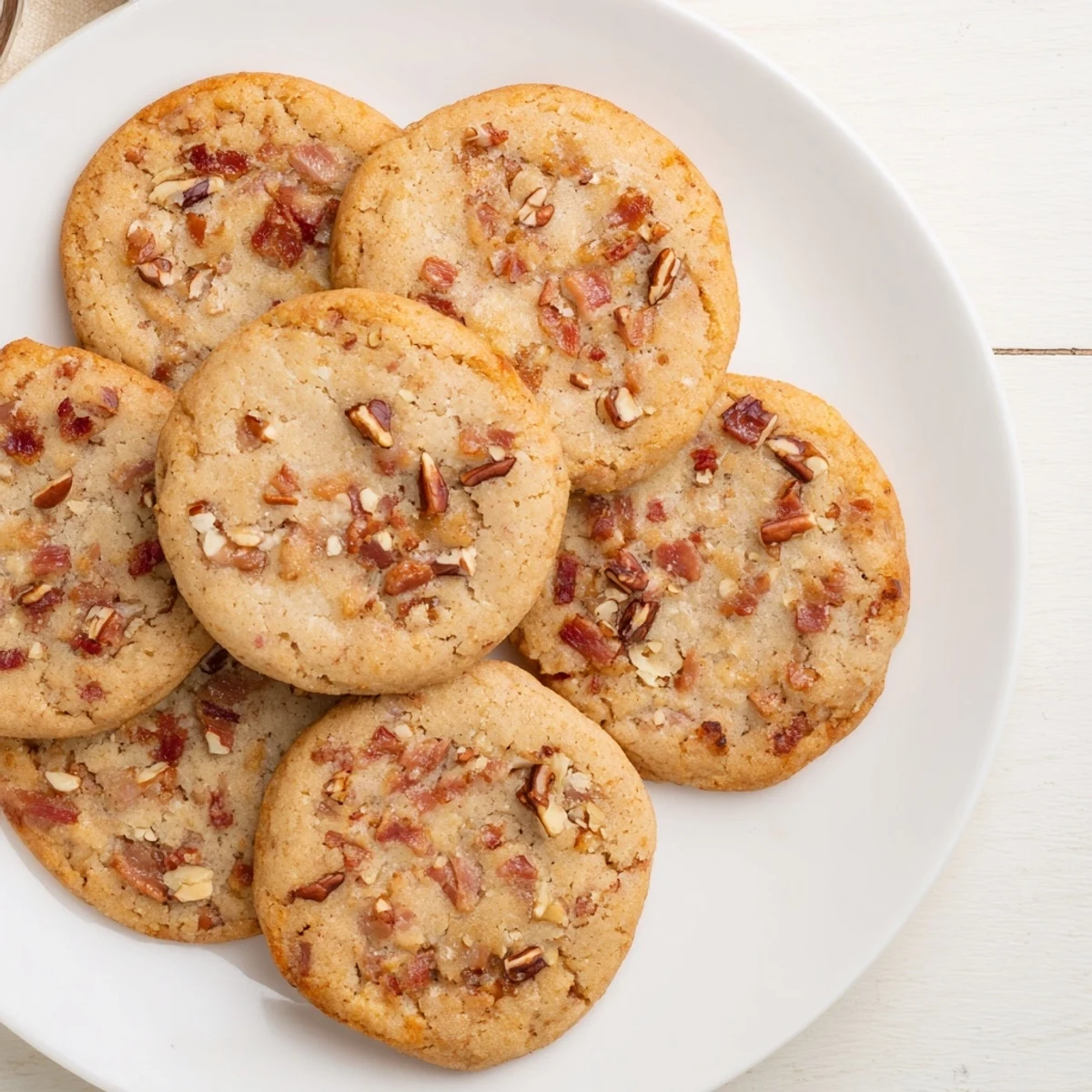 Overhead view of Keto Maple Bacon Cookies arranged on a parchment-lined baking sheet, ready for a low-carb dessert treat.