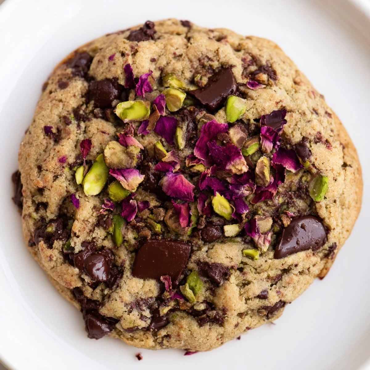 Vegan Pistachio Rose Chocolate Chip Cookies arranged on a wire rack with chopped pistachios and rose petals.