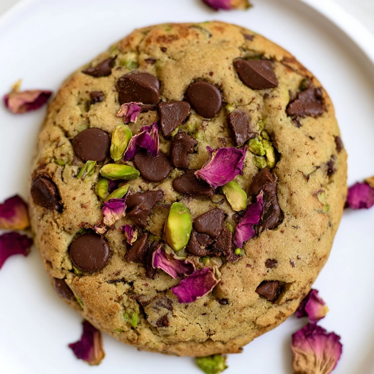 A batch of Vegan Pistachio Rose Chocolate Chip Cookies with crunchy pistachios, rose water aroma, and tea pairing.