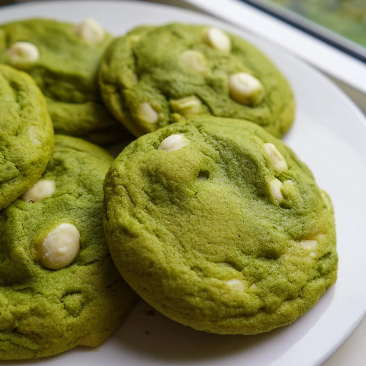 Freshly baked Pandan White Chocolate Chip Cookies with vibrant green hue and melty white chips on a wooden board.