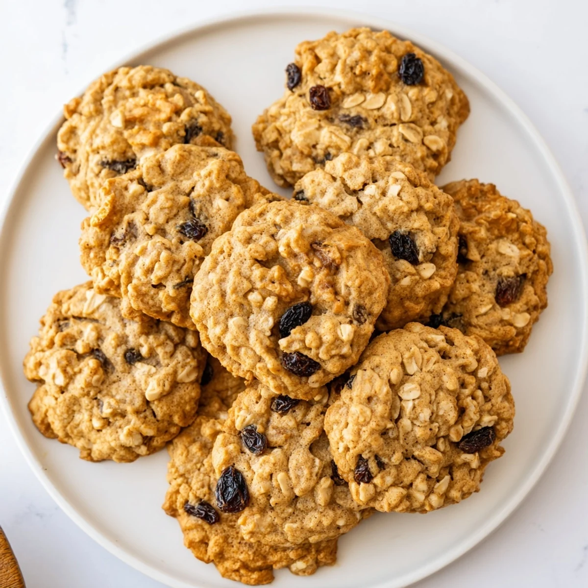 Platter of soft Pumpkin Spice Oatmeal Raisin Cookies studded with plump raisins and chopped walnuts, perfect for cozy autumn gatherings.