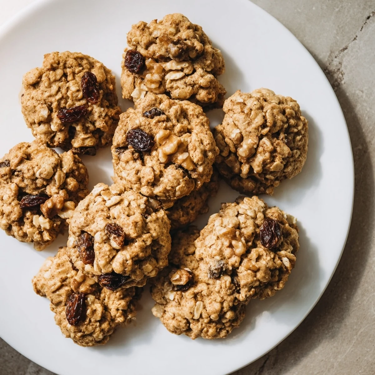 Homemade Pumpkin Spice Oatmeal Raisin Cookies stacked on a rustic wooden board, showcasing soft centers and slightly crisp edges.