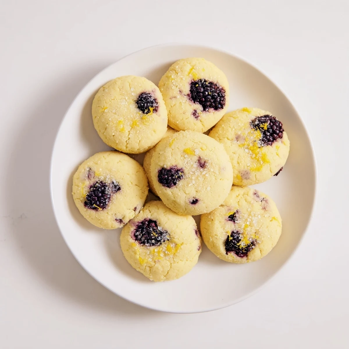Vegan Blackberry Lemonade Cookies on a white plate with scattered blackberries and lemon zest for a refreshing summer snack.