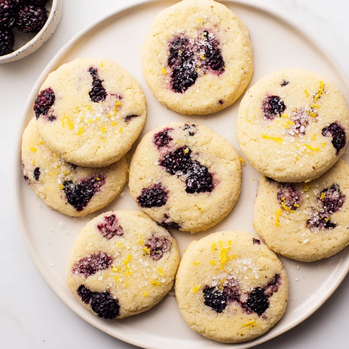 Stack of golden Vegan Blackberry Lemonade Cookies with fresh blackberries and lemon wedges, ideal for a vegan dessert platter.