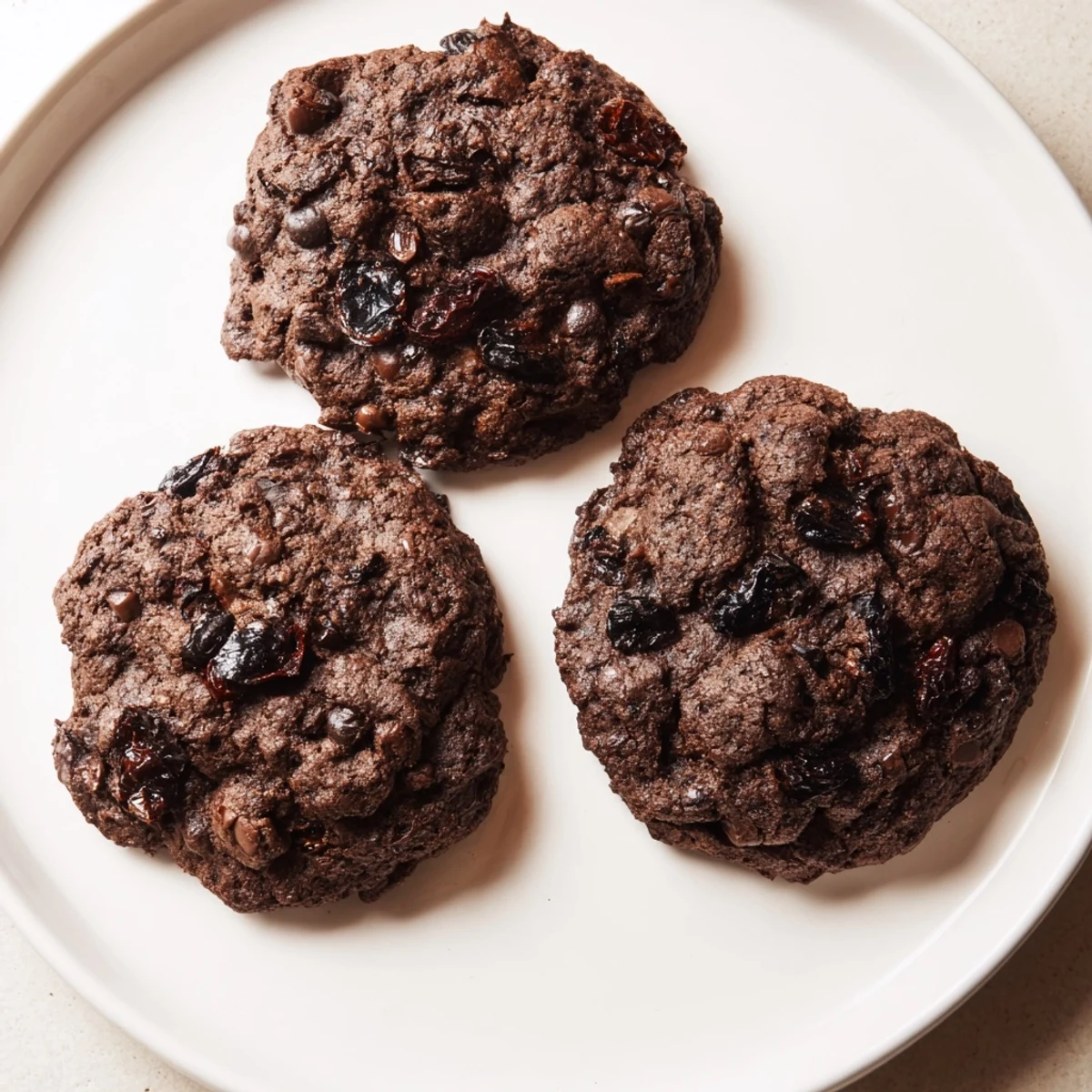 A close-up of gluten-free dark chocolate cherry cookies with visible cherry pieces and chocolate chunks on a marble surface.