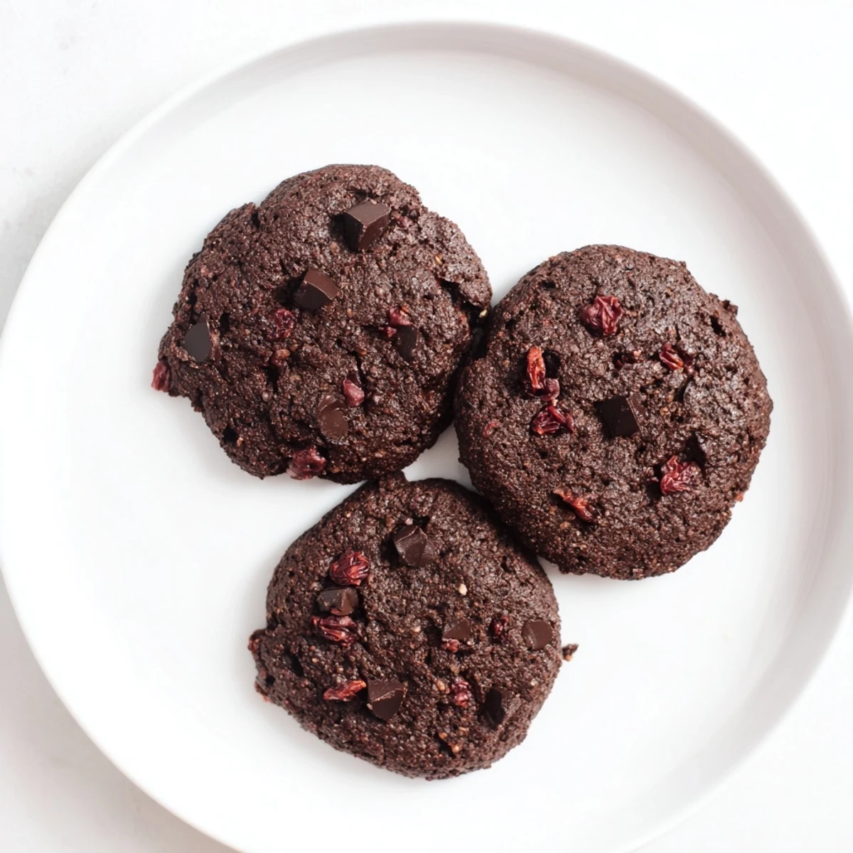 Freshly baked gluten-free dark chocolate cherry cookies served on a rustic plate ready to enjoy with a glass of milk.