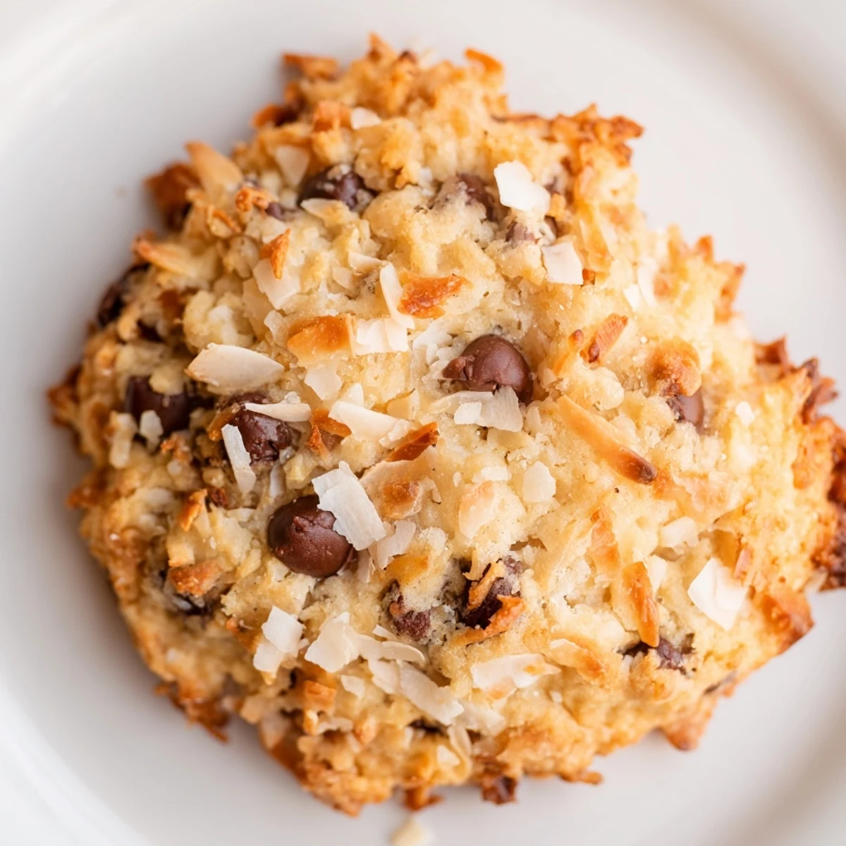 Freshly baked Keto Toasted Coconut Chocolate Chip Cookies are arranged on a rustic wooden table with a glass of almond milk.