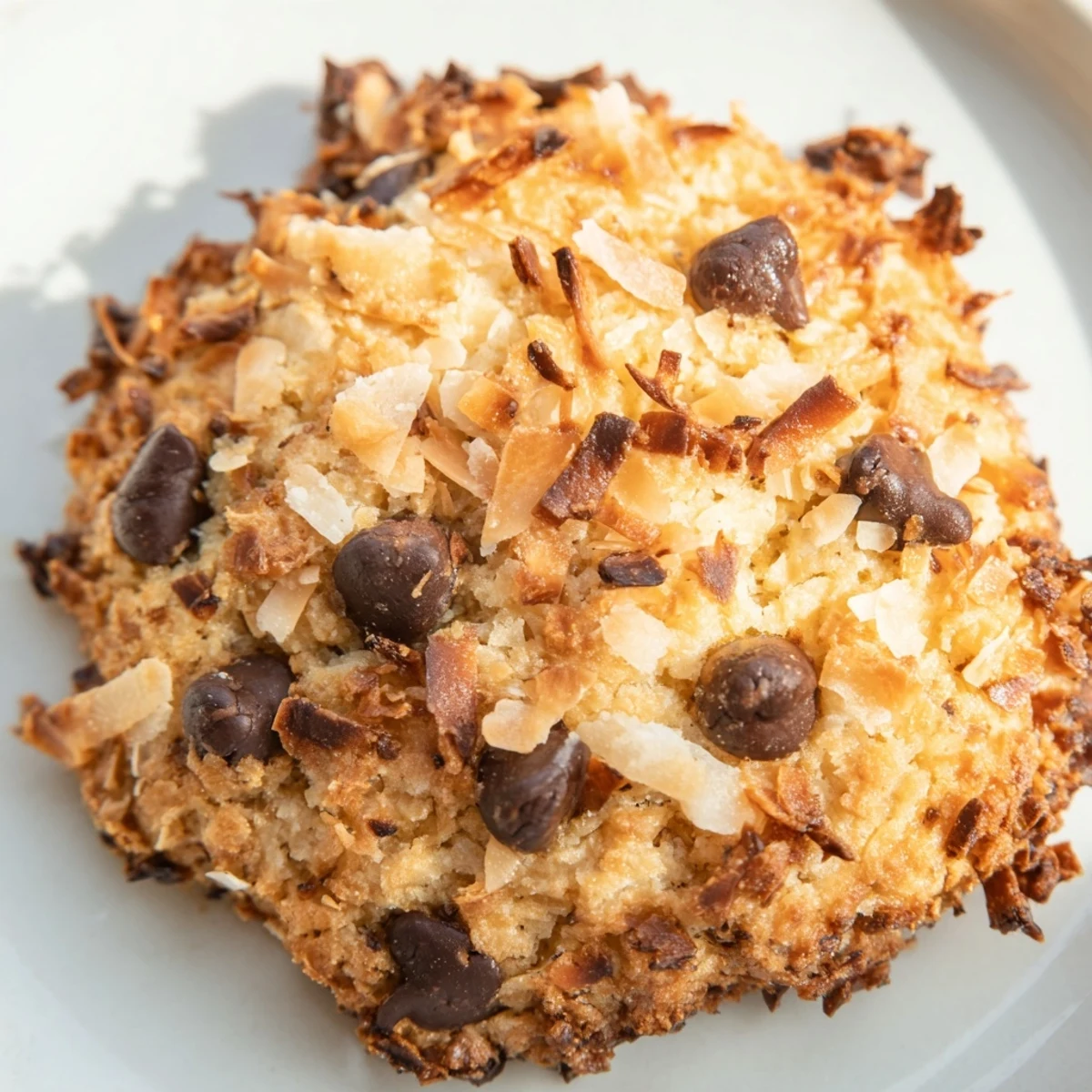 Golden-brown Keto Toasted Coconut Chocolate Chip Cookies are stacked on a cooling rack, showing their crispy edges and chewy centers.