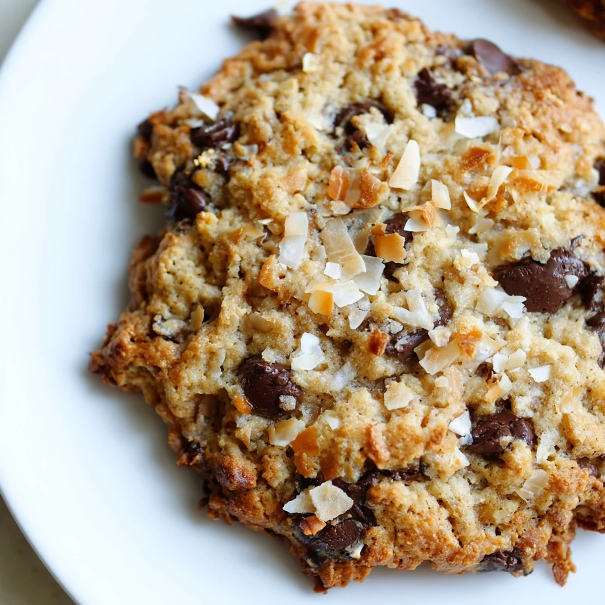 Close-up of a Keto Toasted Coconut Chocolate Chip cookie broken in half, revealing melted sugar-free chocolate chips inside.