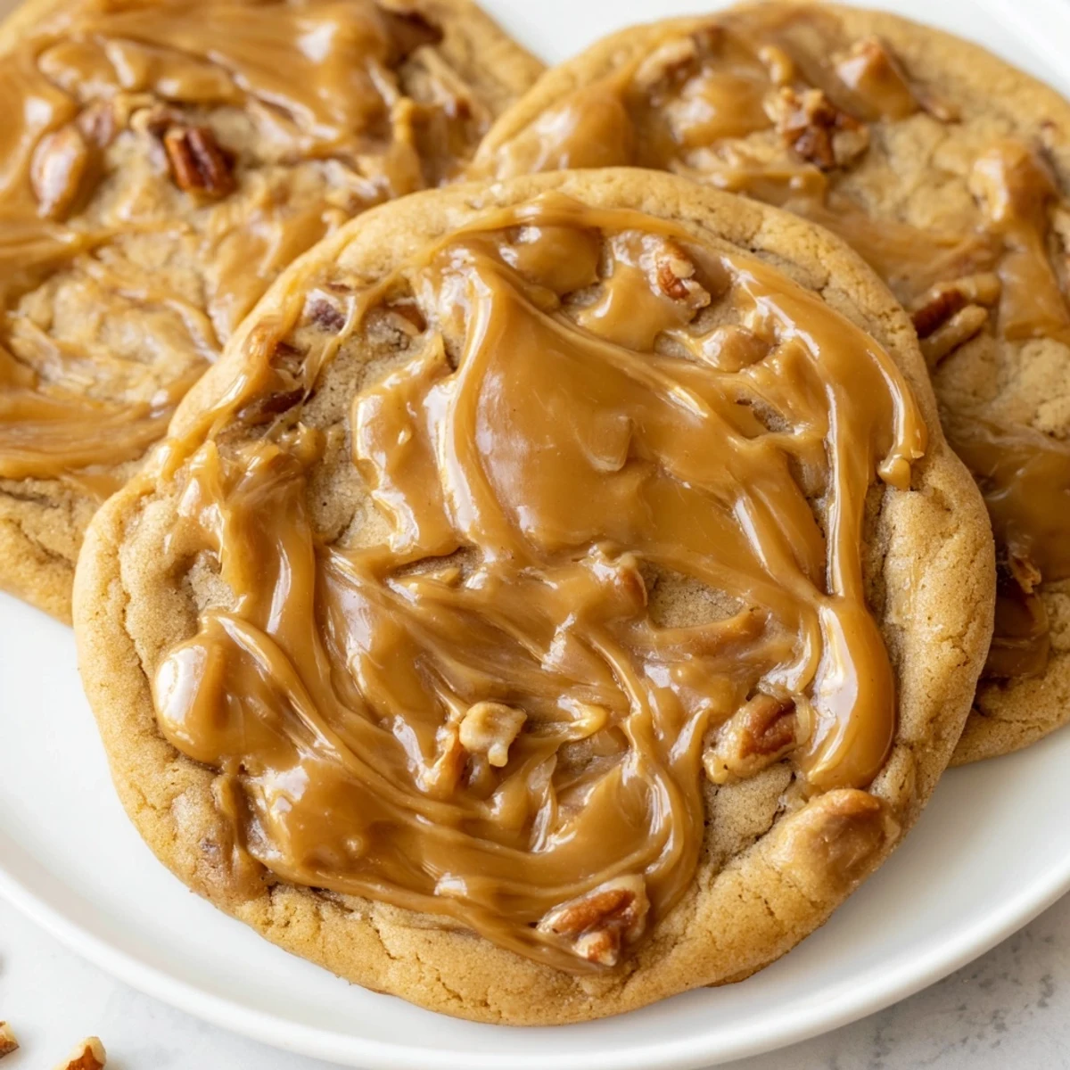 Freshly baked Vegan Caramel Pecan Sugar Cookies drizzled with sticky caramel on a cooling rack.