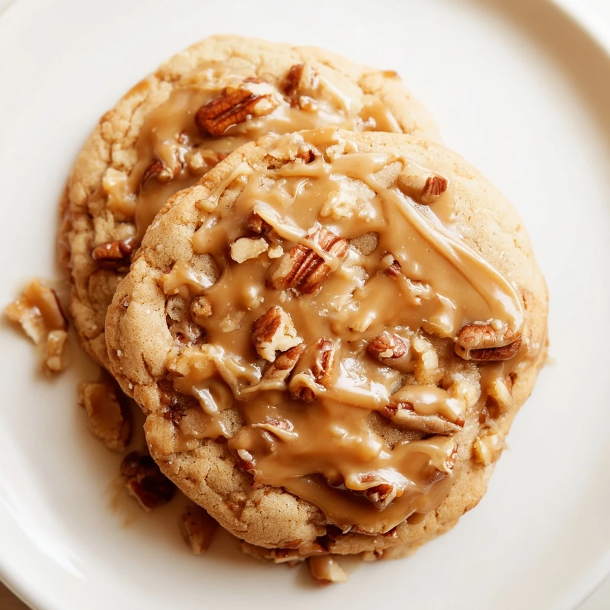 Golden-edged Vegan Caramel Pecan Sugar Cookies with chopped pecans and a sweet caramel swirl.
