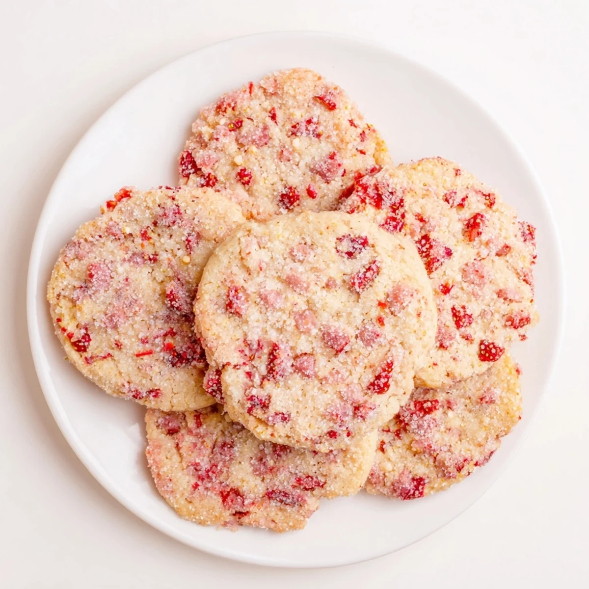 Tender Strawberry Balsamic Sugar Cookies with glistening sugar crust, served on a white plate beside a glass of rosé.
