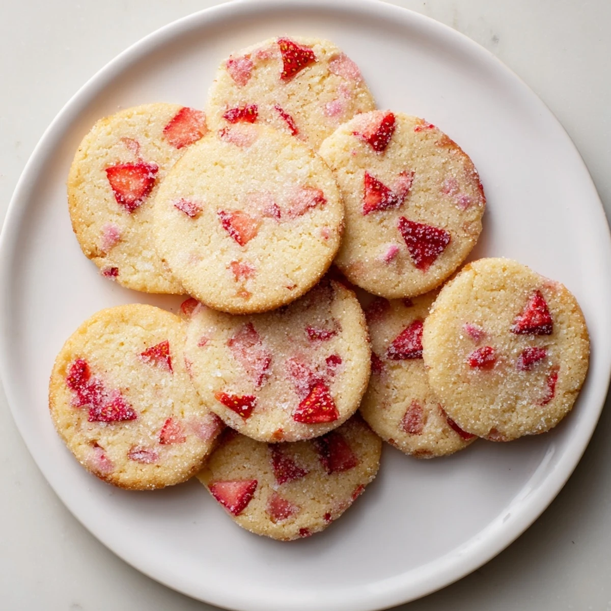 Homemade Strawberry Balsamic Sugar Cookies studded with diced berries, highlighting the unique tangy sweetness on a linen napkin.