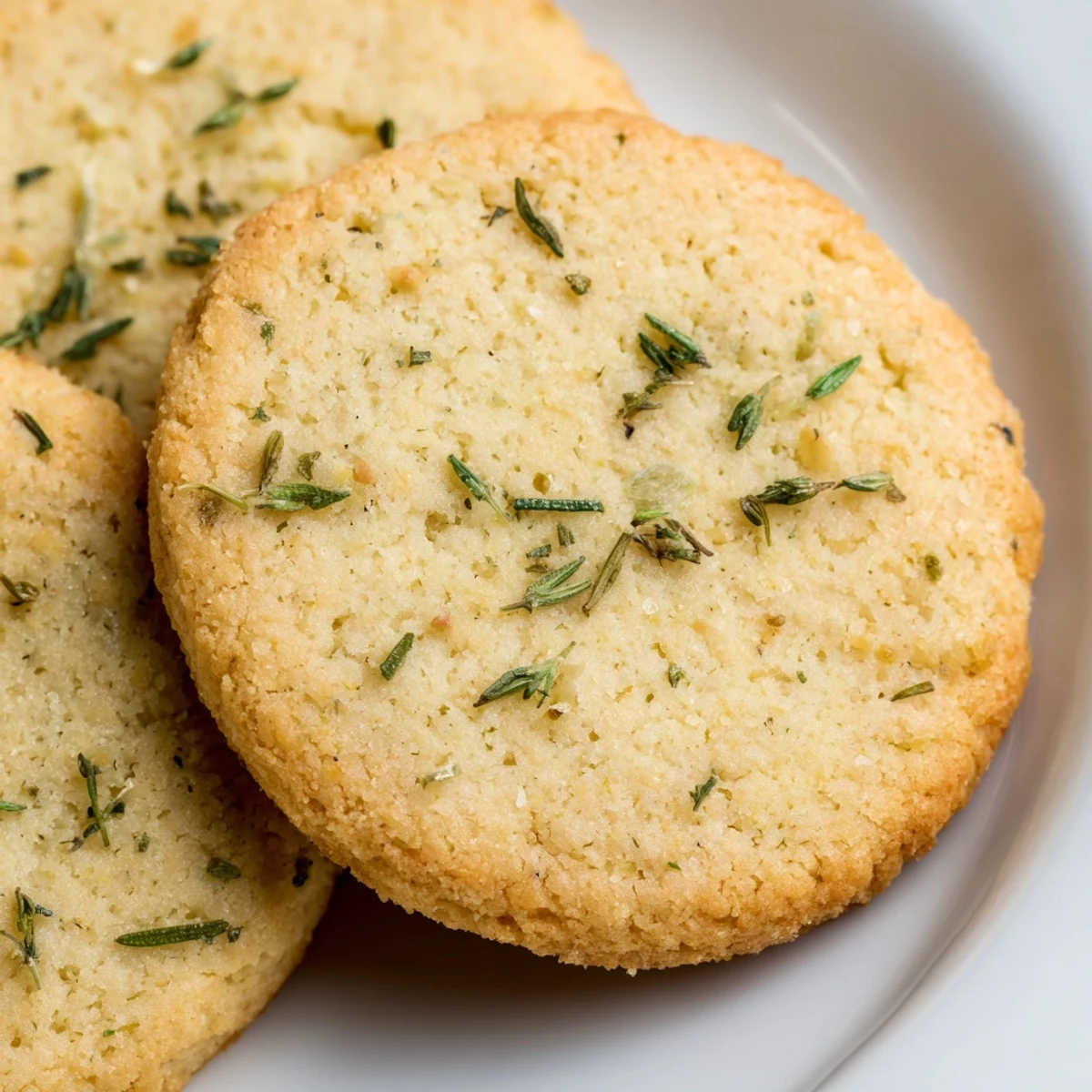 Freshly baked Gluten-Free Lemon Thyme Cookies rest on a cooling rack, showcasing their golden edges and vibrant green herb specks.