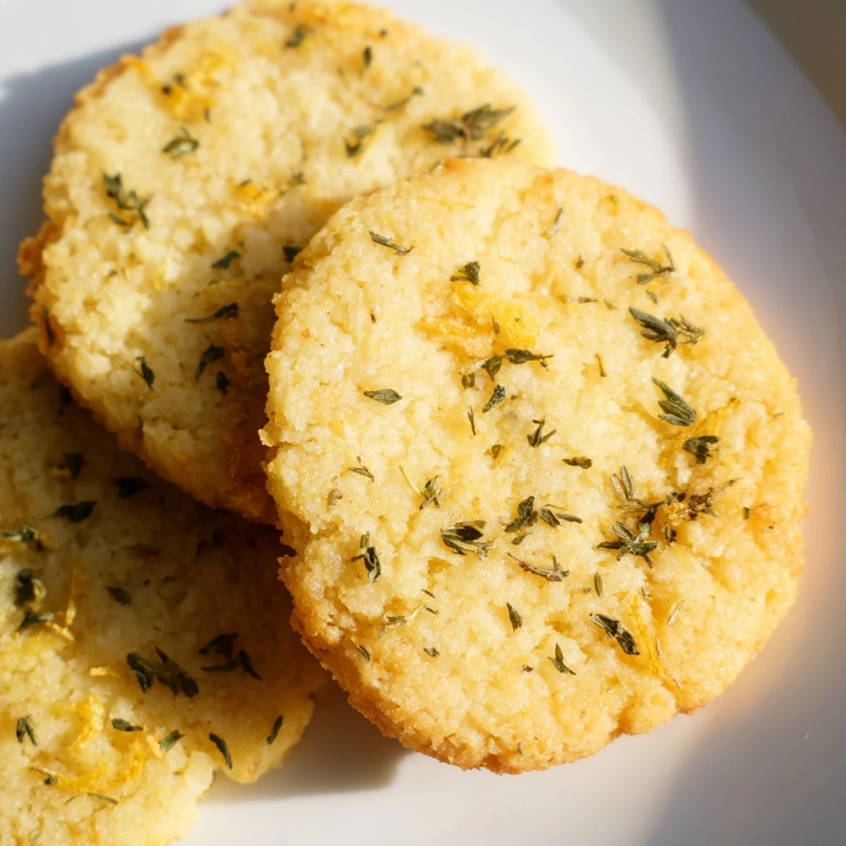 A close-up view highlights the tender crumb texture of Gluten-Free Lemon Thyme Cookies, with fresh thyme leaves scattered nearby.