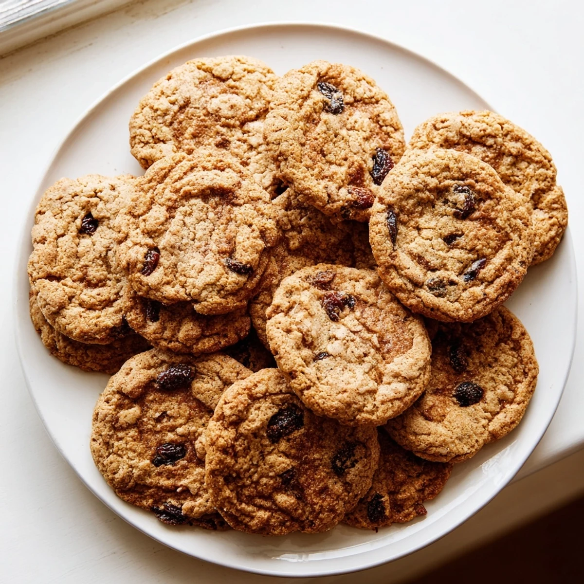 Freshly baked Gluten-Free Cinnamon Swirl Oatmeal Raisin Cookies cooling on a wire rack with visible cinnamon sugar topping.
