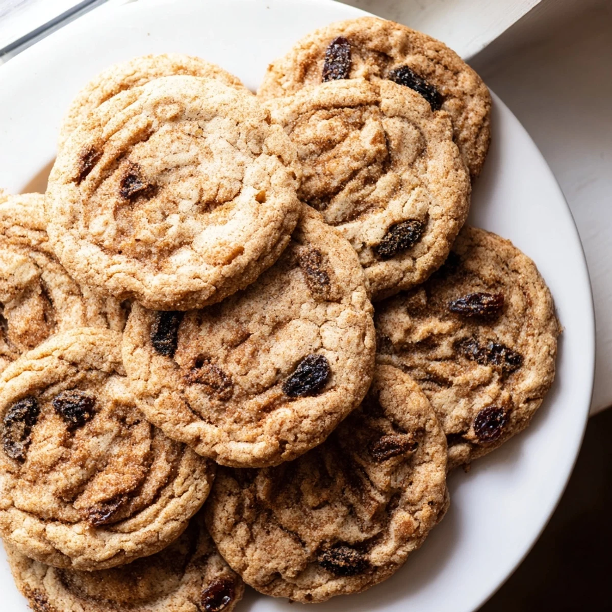 Gluten-Free Cinnamon Swirl Oatmeal Raisin Cookies arranged on a rustic plate, perfect with a cold glass of milk.