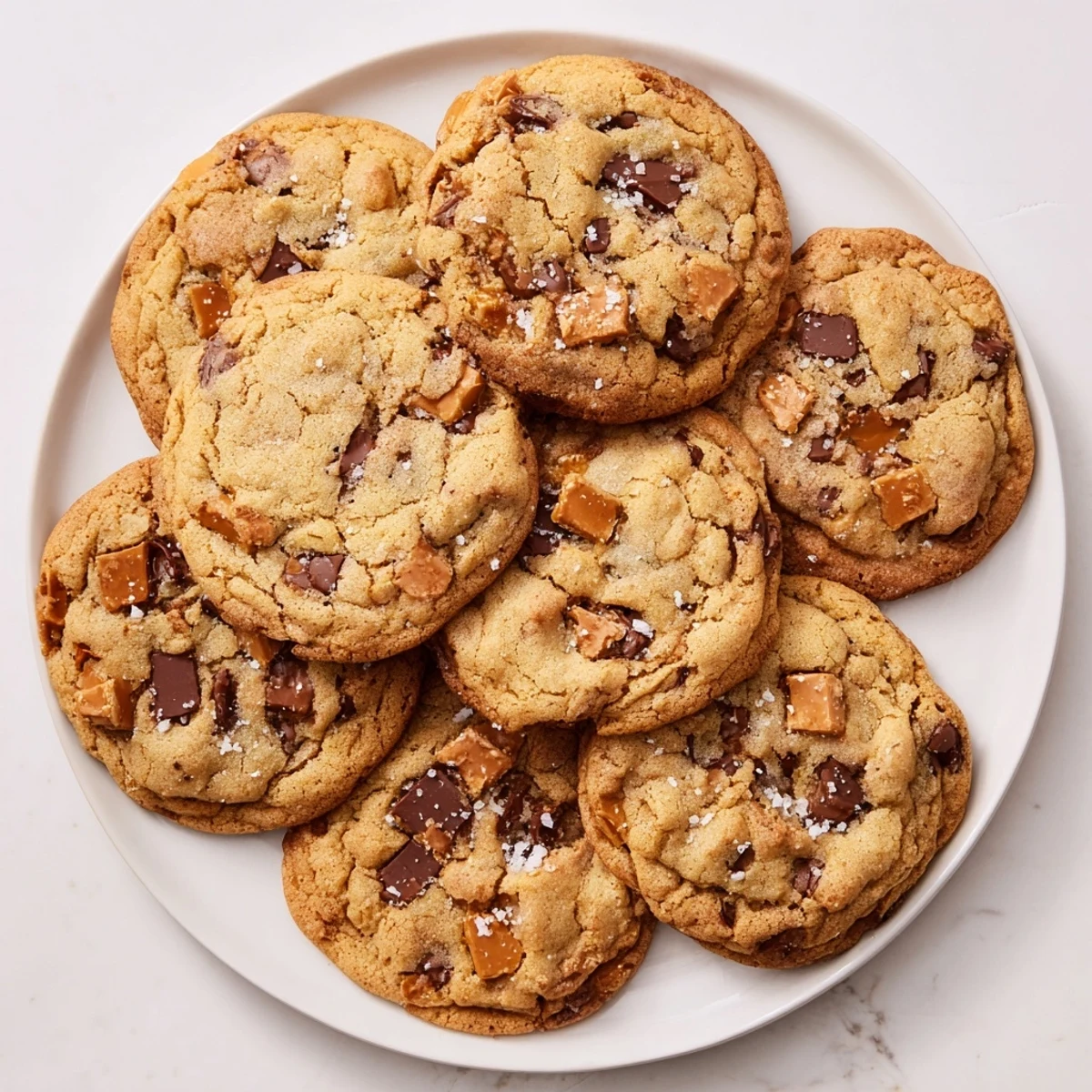 Golden brown Butter Toffee Chocolate Chip Cookies are arranged on a wire rack, showing melted chocolate and crunchy toffee bits.