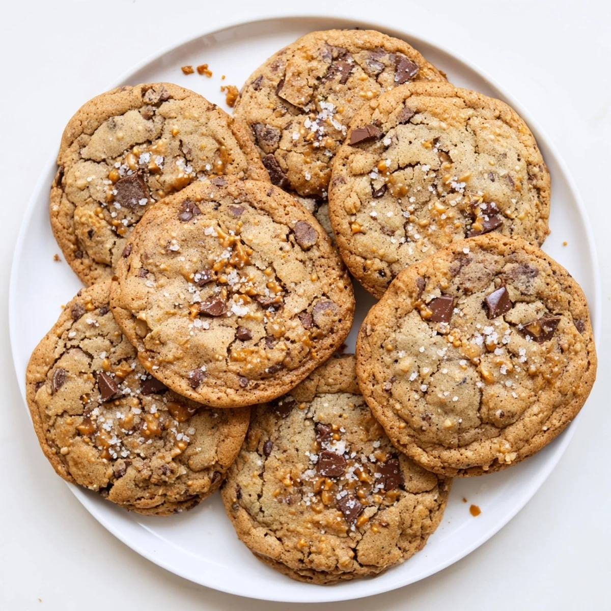 Freshly baked Brown Butter Toffee Chocolate Chip Cookies are stacked on a cooling rack, ready to be served with a glass of milk.