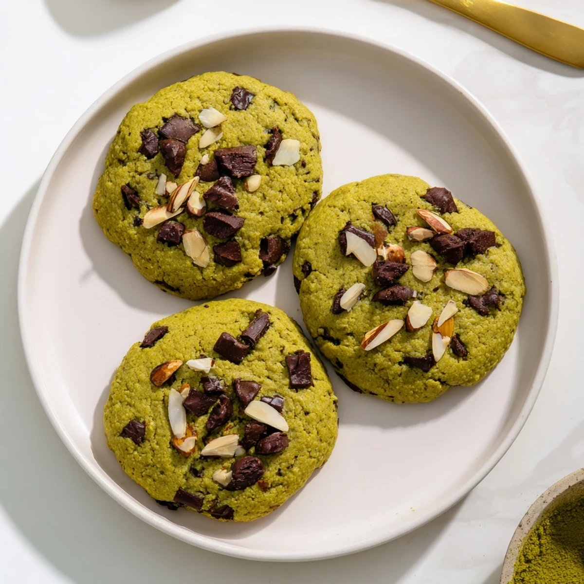 Freshly baked Vegan Matcha Almond Chocolate Chip Cookies cooling on a wire rack with visible green tea flecks.