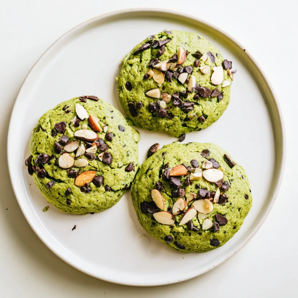 Warm Vegan Matcha Almond Chocolate Chip Cookies are arranged on a baking sheet with parchment paper.