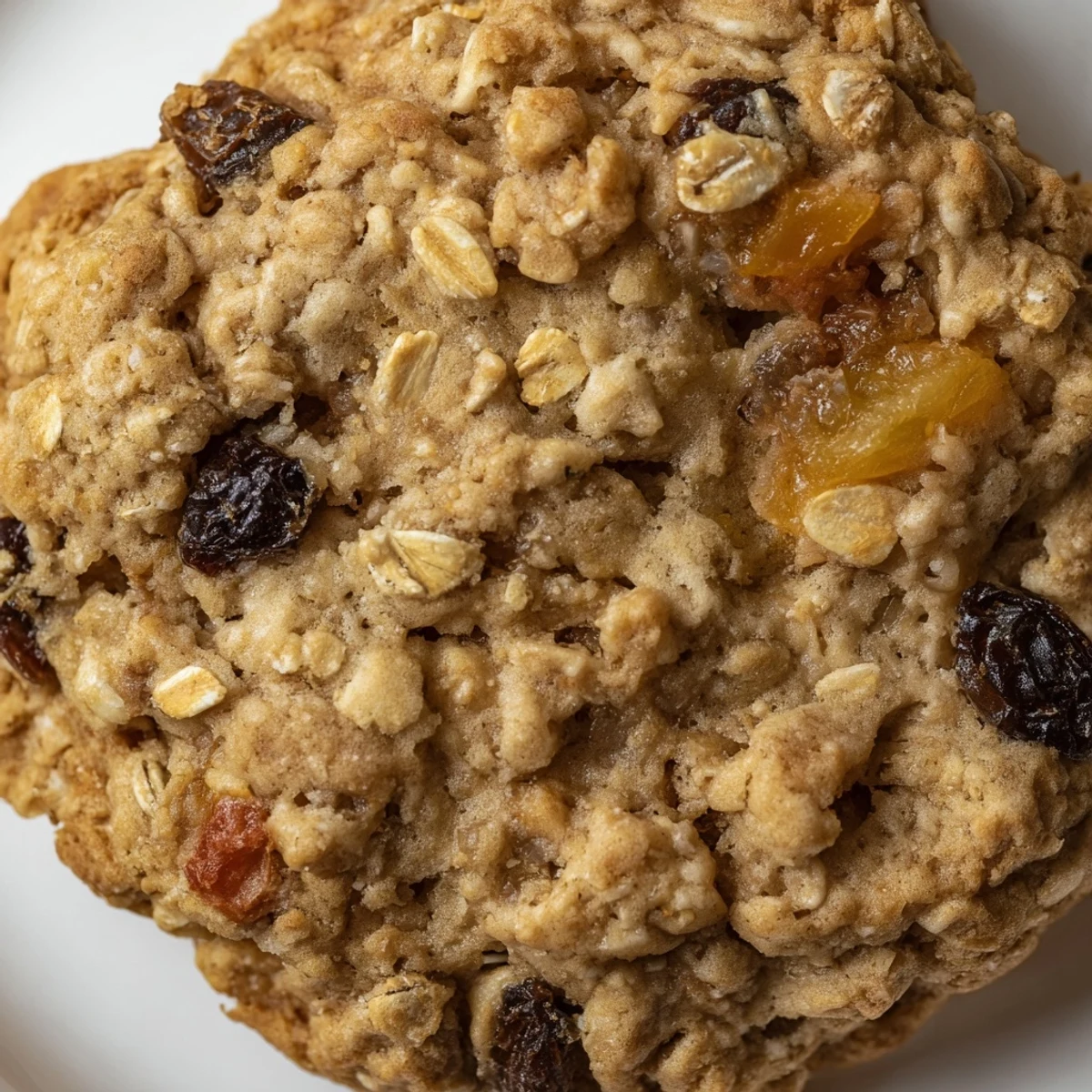 Stack of warm Ginger Peach Oatmeal Raisin Cookies on a rustic table, ready to be served with milk.