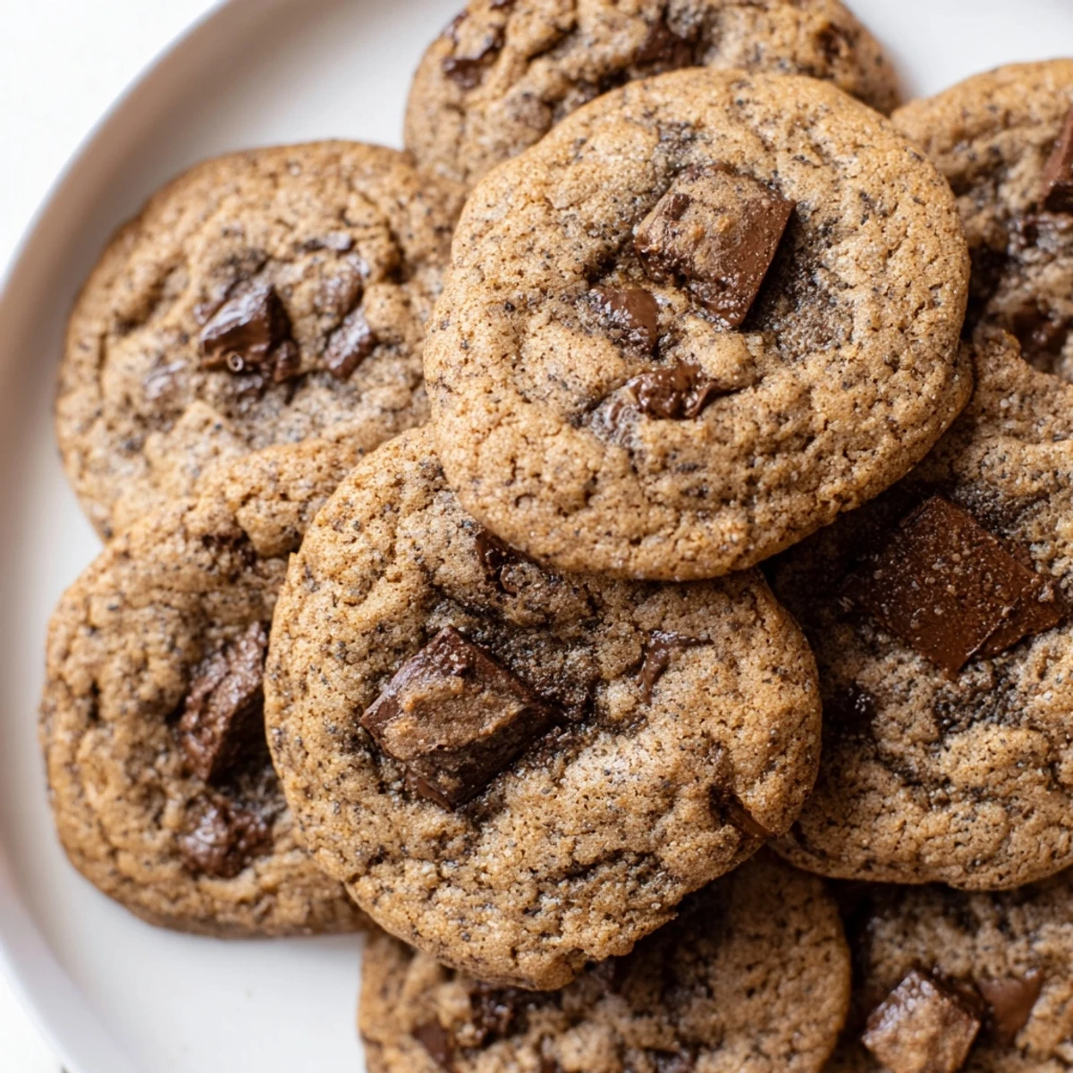 Warmly lit Hojicha Chocolate Chip Cookies with crisp edges and chewy centers on a rustic wooden board.  