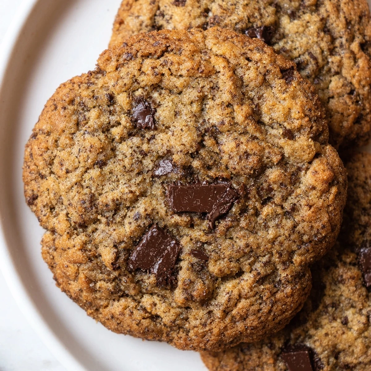 Freshly baked Hojicha Chocolate Chip Cookies stacked high with a tall glass of cold milk nearby.  
