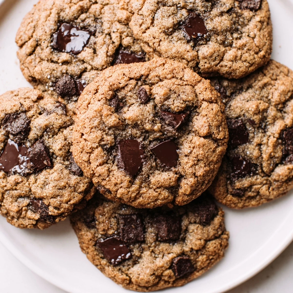 Golden brown Hojicha Chocolate Chip Cookies on a cooling rack, showing melted chocolate chunks and speckled tea powder.